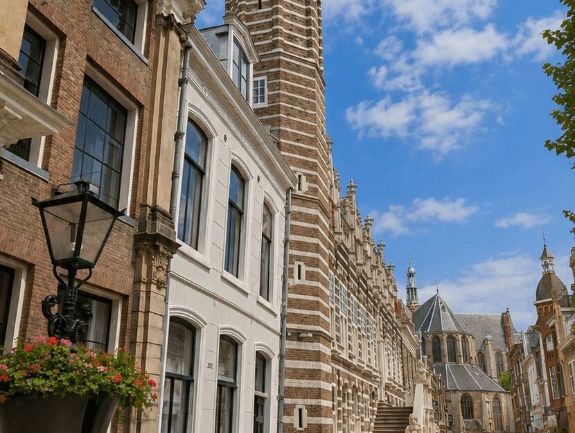 Tall striped Gothic tower of Alkmaar's town hall seen from a nearby street with the Grote Kerk behind