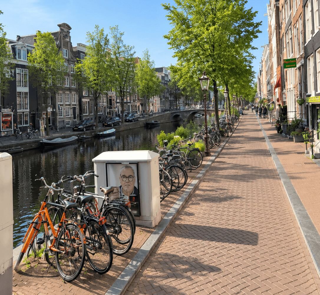 Rows of bicycles parked along an Amsterdam canal with fresh green trees in spring