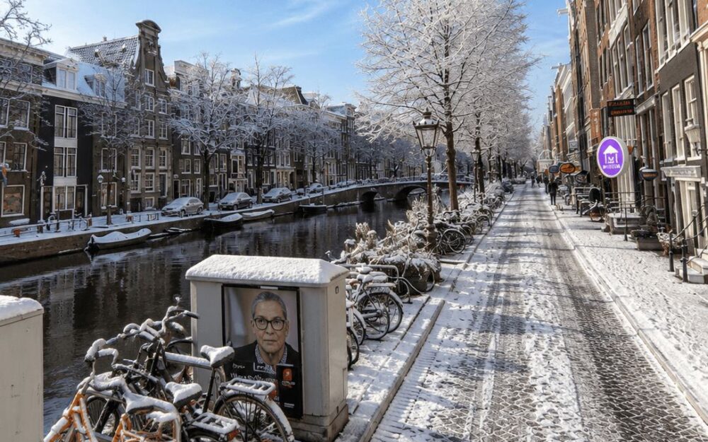 Snow-covered bicycles and trees along an Amsterdam canal in winter