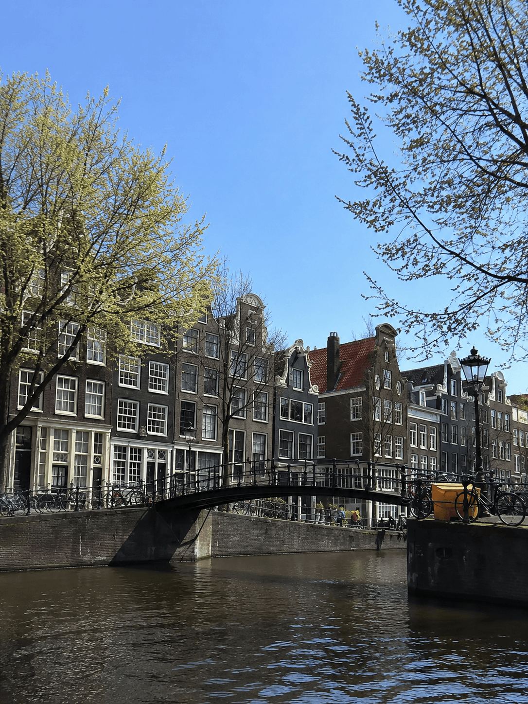 A Small Bridge Over an Amsterdam Canal Small arched pedestrian bridge over an Amsterdam canal with gabled houses behind