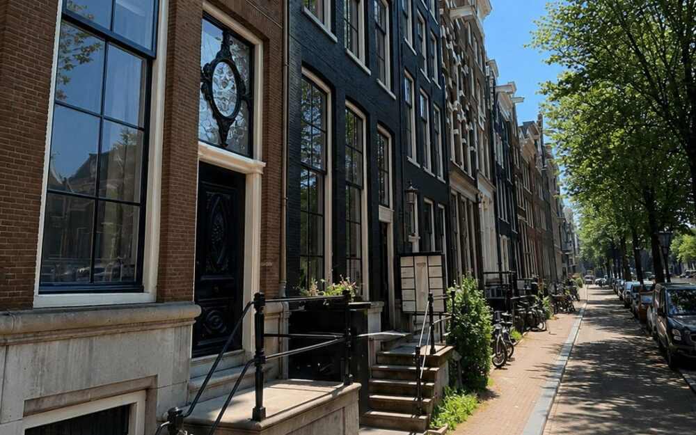 Row of tall Amsterdam canal houses with stone stoops and a bicycle parked on the steps
