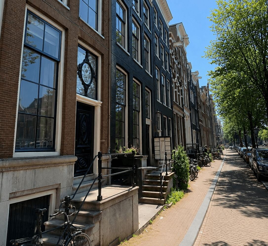 Row of tall Amsterdam canal houses with stone stoops and a bicycle parked on the steps