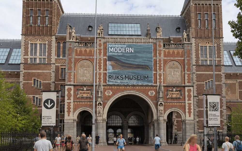 The arched entrance passage of the Rijksmuseum in Amsterdam with cyclists passing through