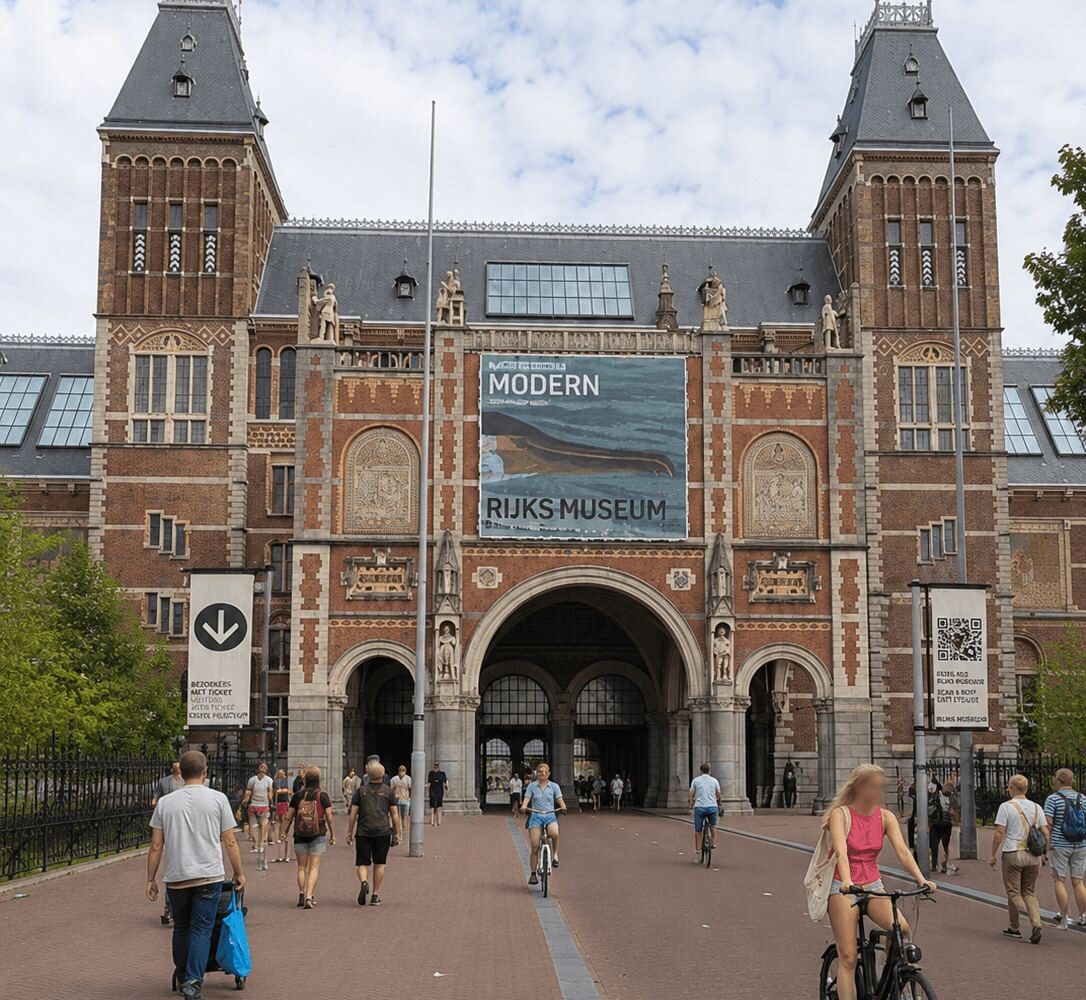 The arched entrance passage of the Rijksmuseum in Amsterdam with cyclists passing through