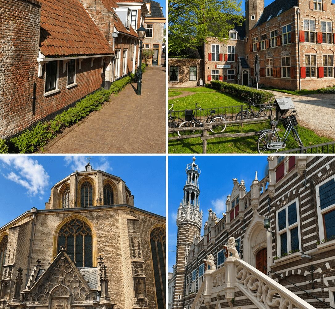 Four-panel collage of historic Dutch town architecture including a church, town hall stairs and canal streets