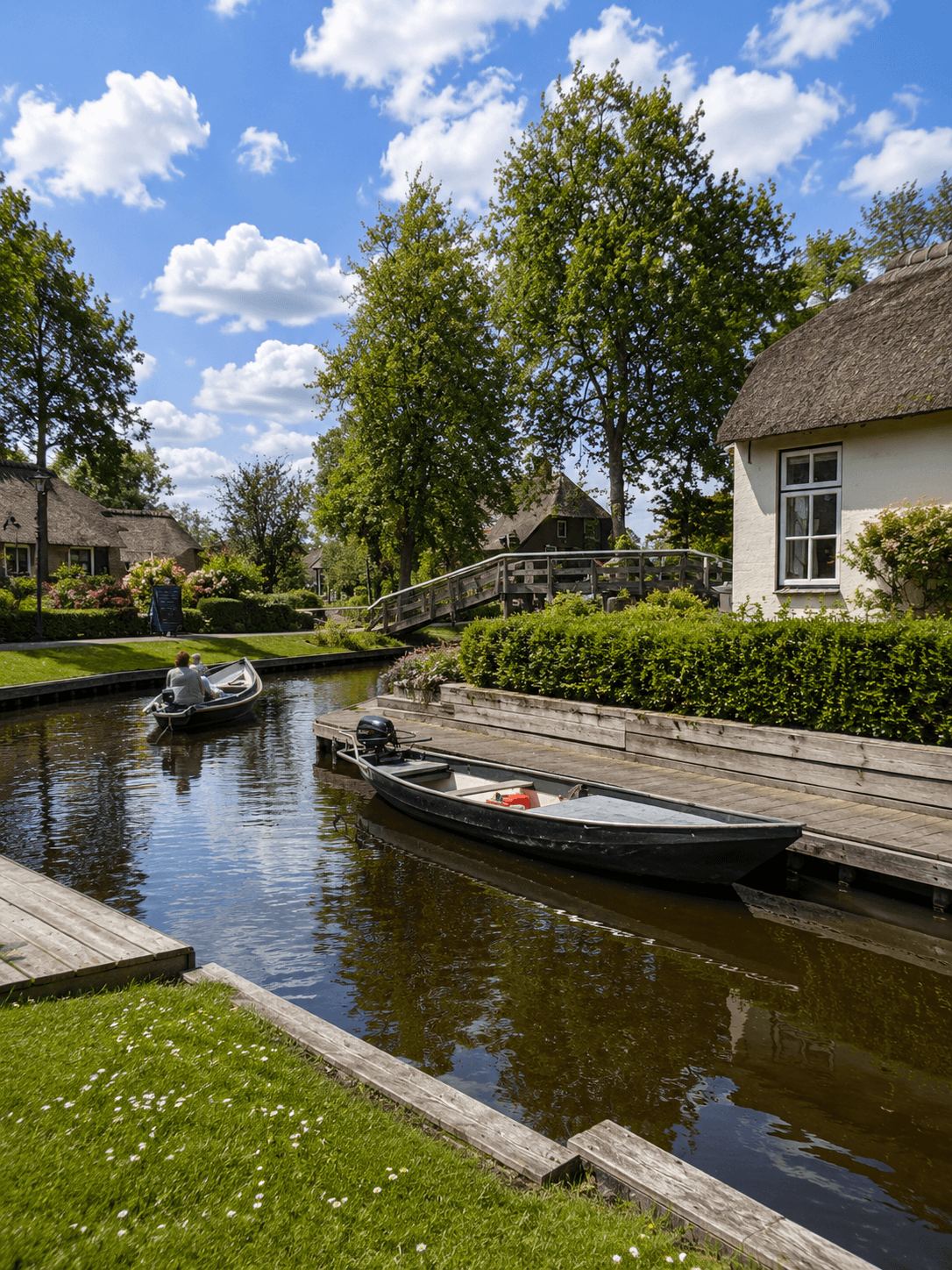 Traditional flat-bottomed punt boats moored along a canal in Giethoorn beside a thatched cottage