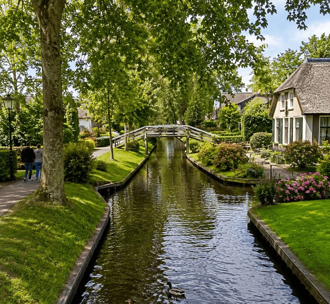 Narrow Giethoorn canal with ducks swimming beside a thatched-roof house and wooden footbridge