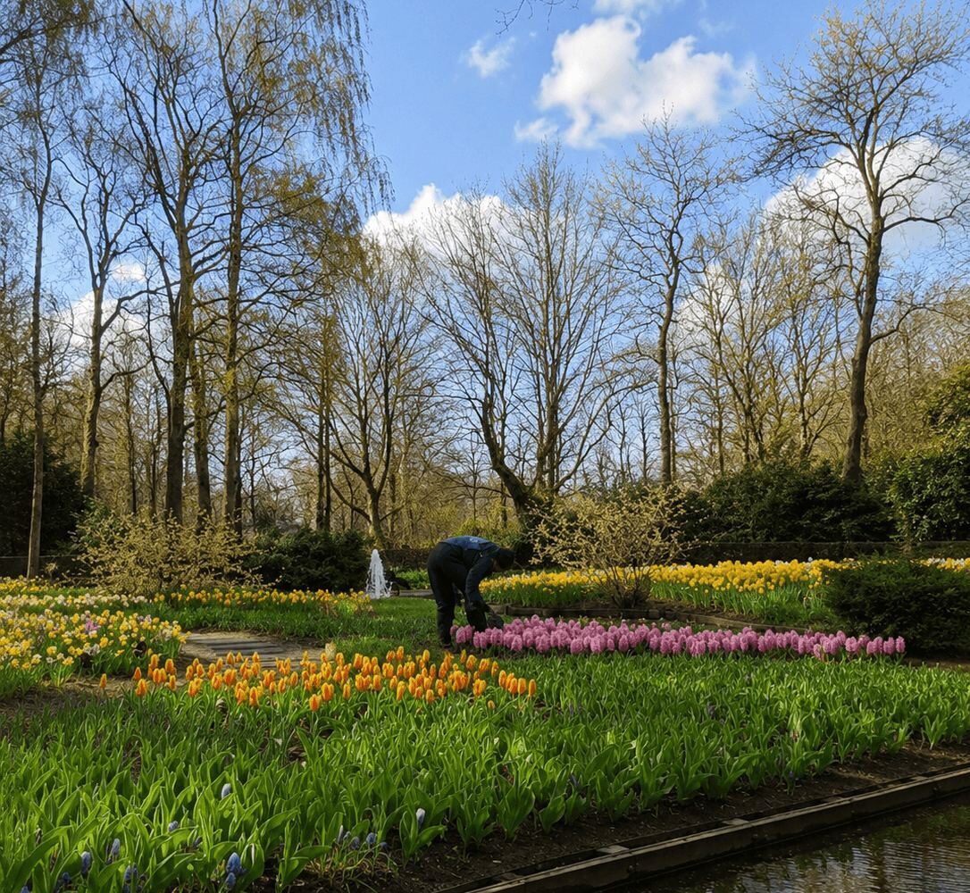 Gardener tending rows of orange and pink tulips at Keukenhof among bare spring trees