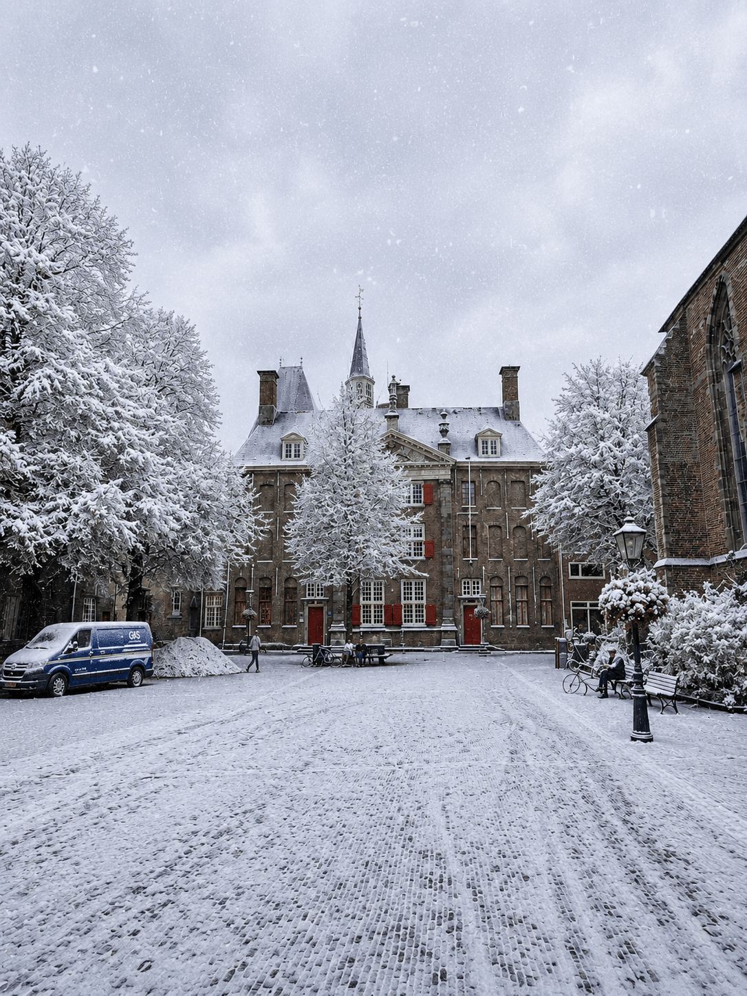 The Same Leiden Square Under Snow The same historic Leiden square photographed during a snowfall in winter