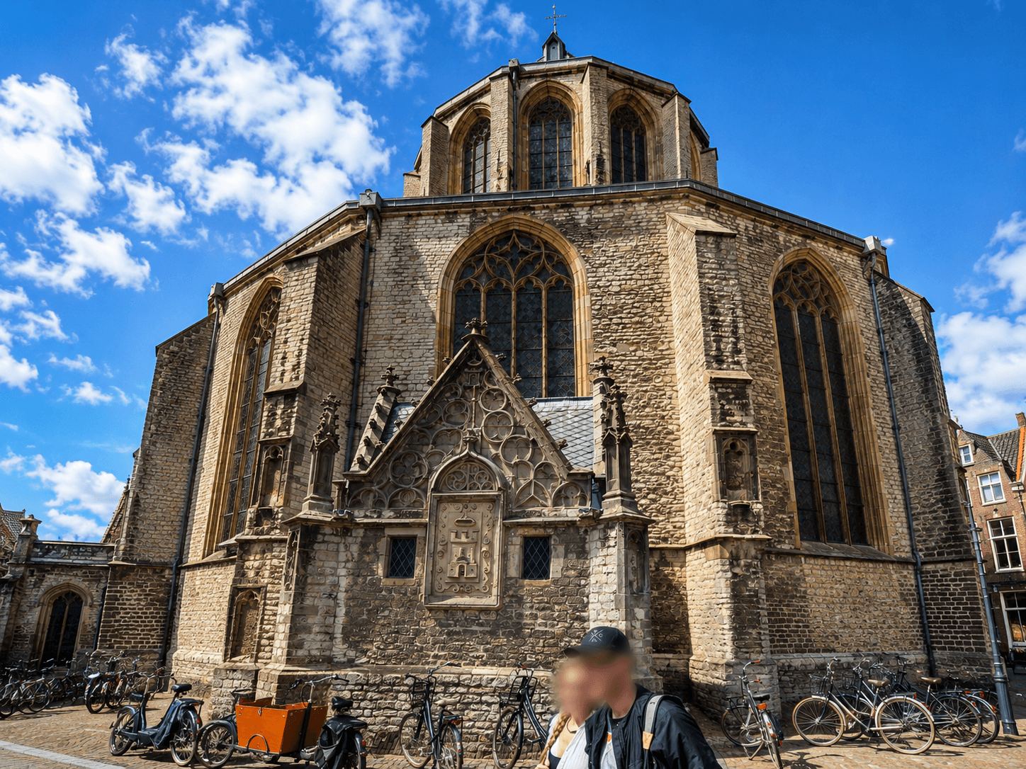 The Hooglandse Kerk in Leiden Gothic exterior of the Hooglandse Kerk in Leiden with bicycles parked outside