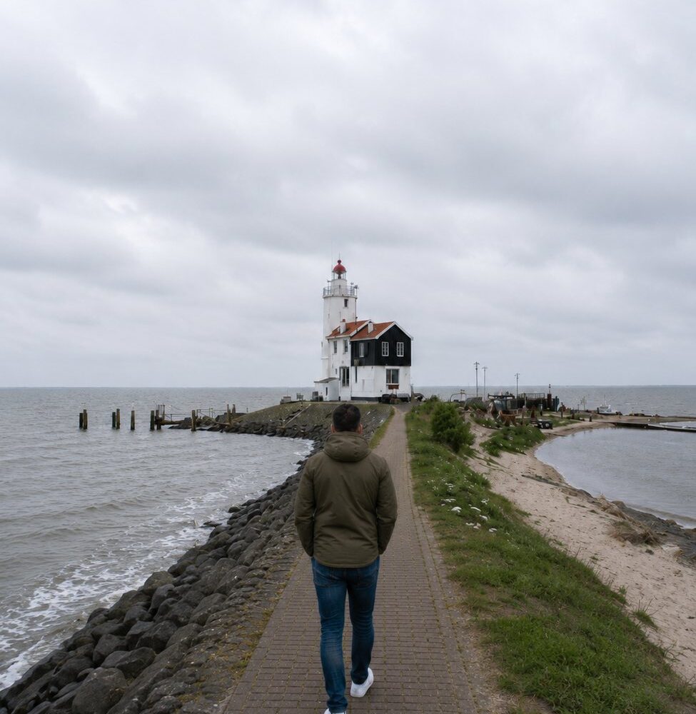 Small red-and-white lighthouse at the edge of Marken, Noord-Holland