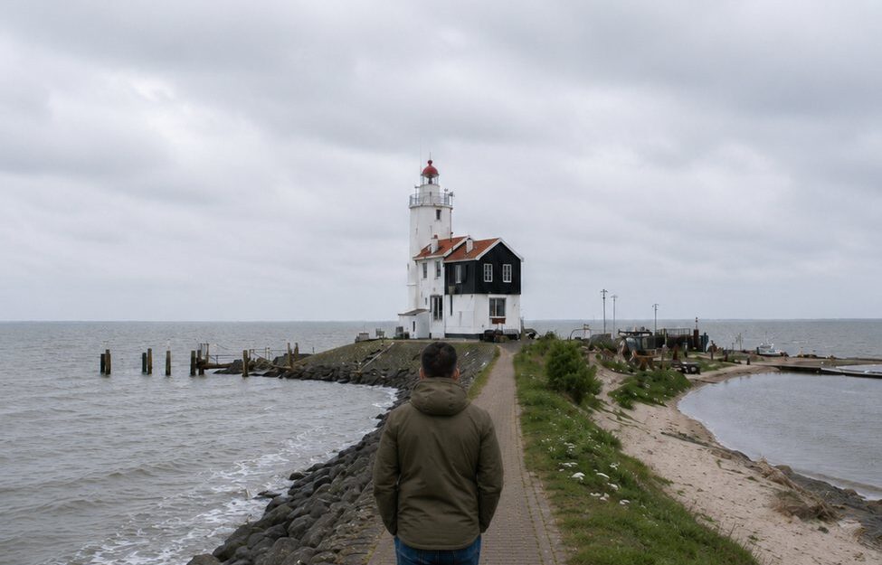 Small red-and-white lighthouse at the edge of Marken, Noord-Holland