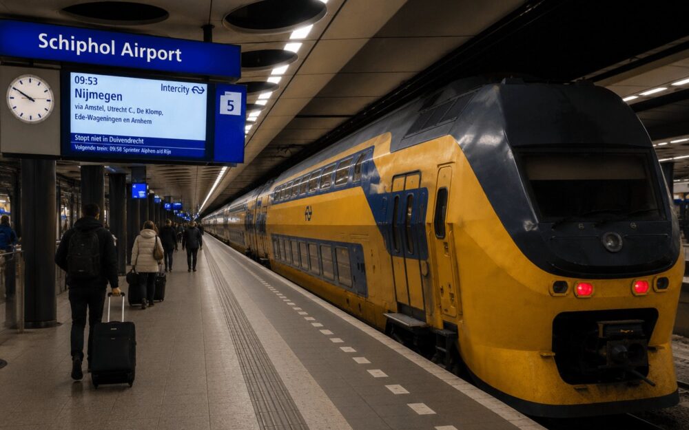 Yellow and blue NS train at Schiphol Airport railway station