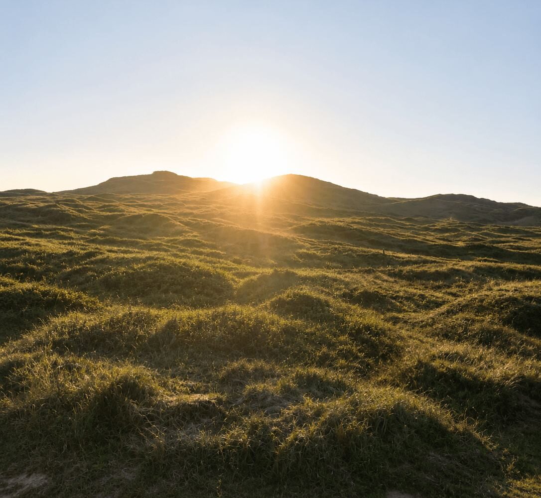 Sun setting behind grassy dunes on Texel with long shadows across the sand