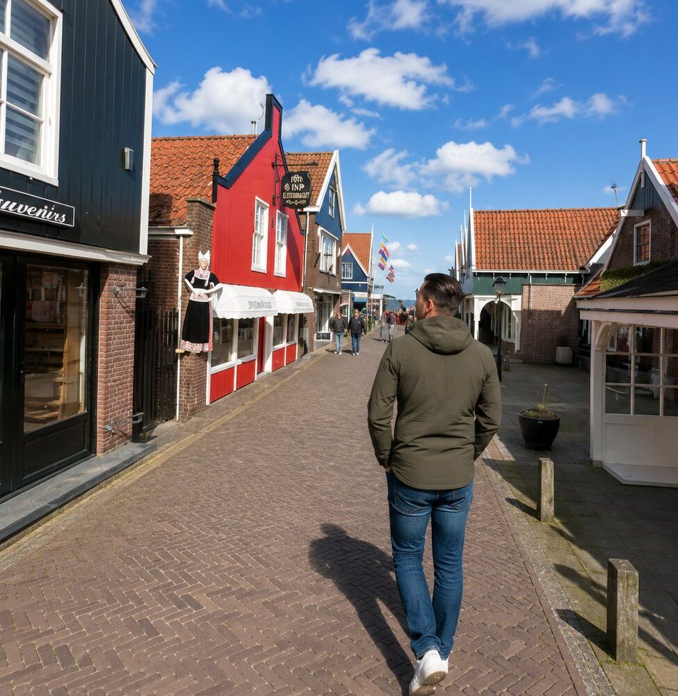Traditional harbourfront street in Volendam with Dutch houses and boats