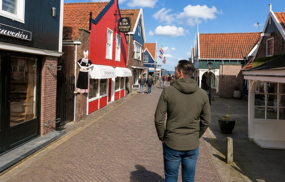 Traditional harbourfront street in Volendam with Dutch houses and boats