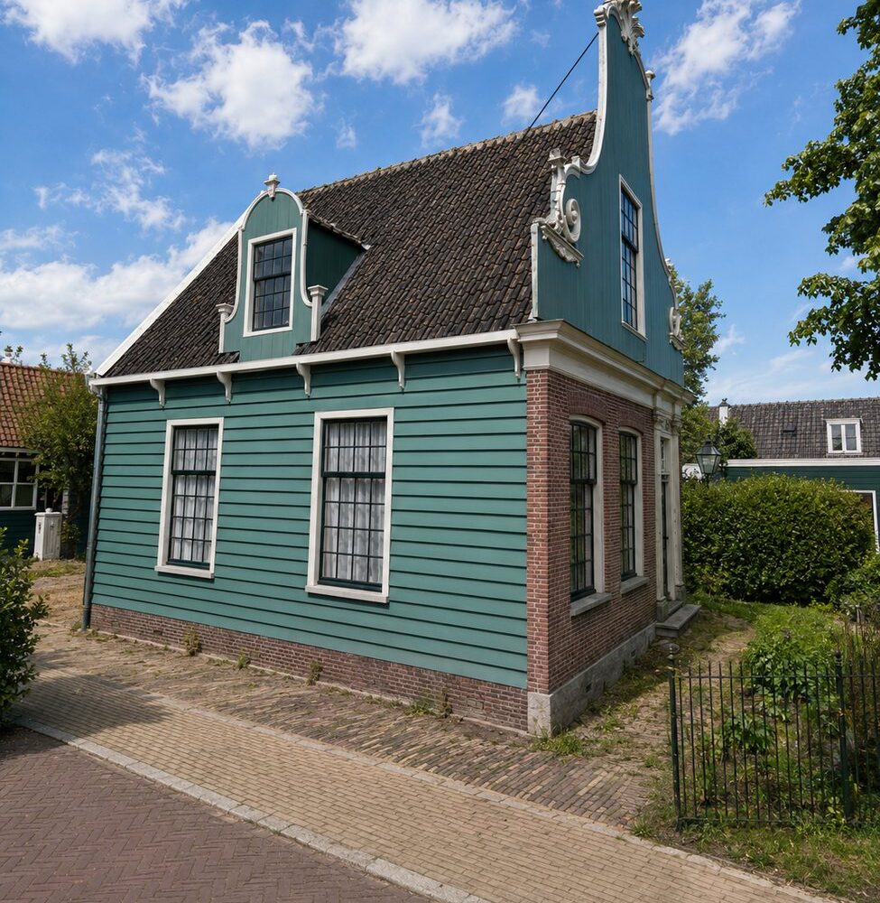 Traditional wooden house painted teal blue-green in the Zaanstreek style in Zaanse Schans