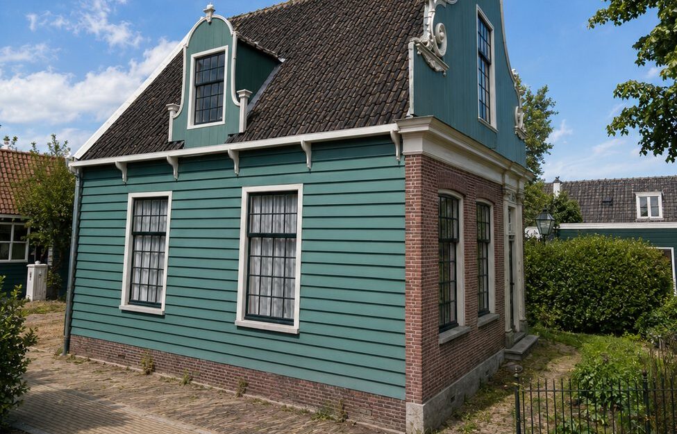 Traditional wooden house painted teal blue-green in the Zaanstreek style in Zaanse Schans