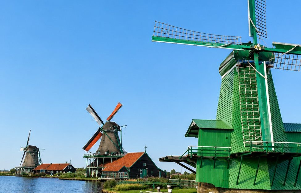 Close-up of windmill sails and wooden structure at Zaanse Schans