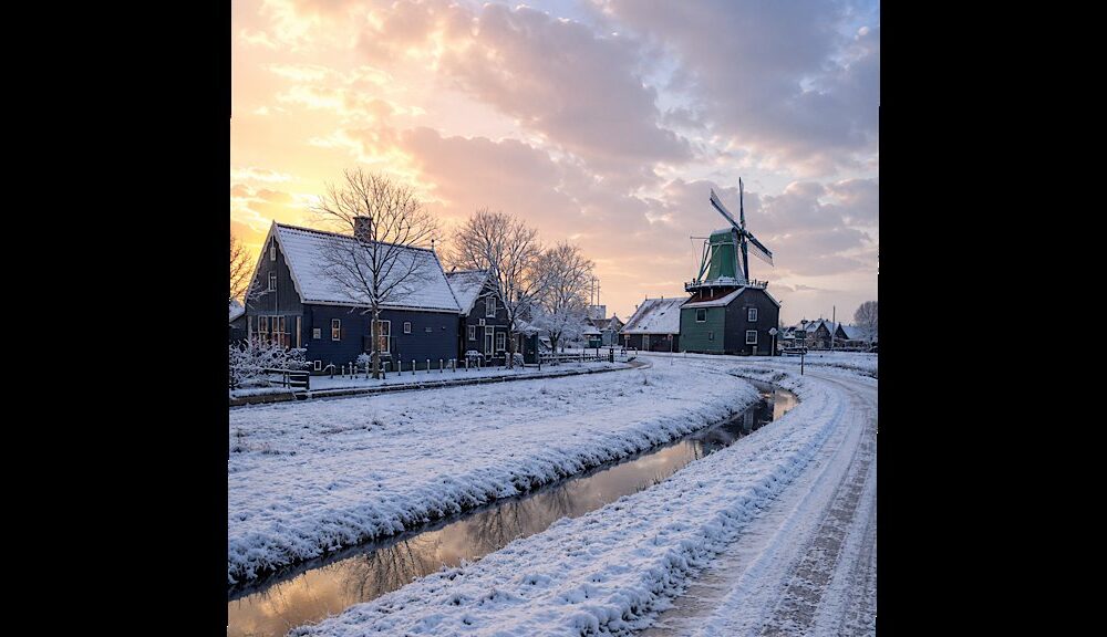 Snow-covered windmills and houses at Zaanse Schans in winter