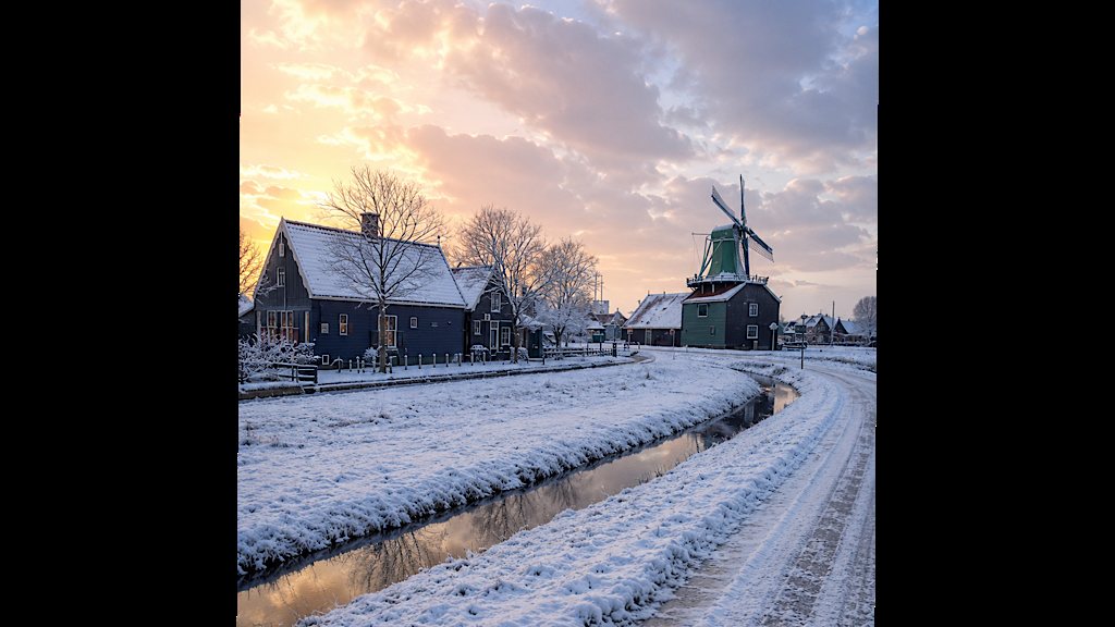 Snow-covered windmills and houses at Zaanse Schans in winter